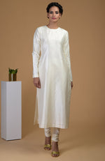 Ivory Pure Matka Silk Jewel Neck Kurta Set