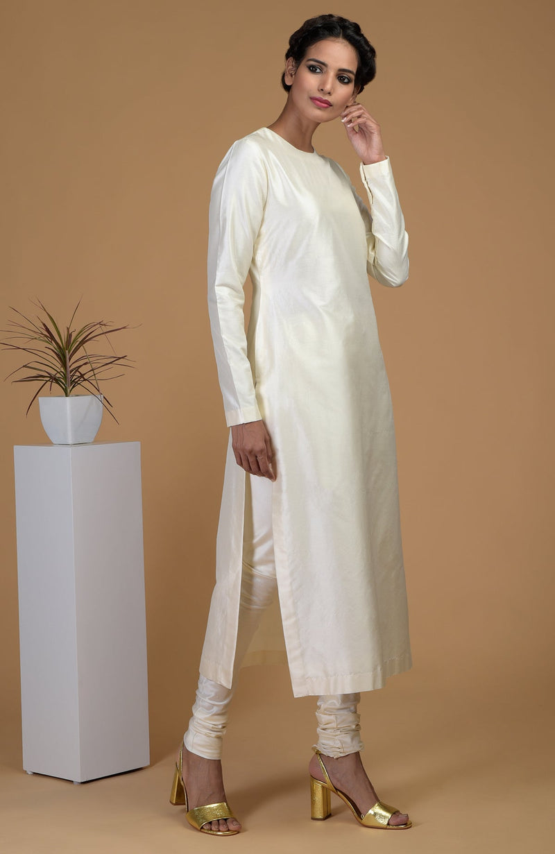 Ivory Pure Matka Silk Jewel Neck Kurta Set