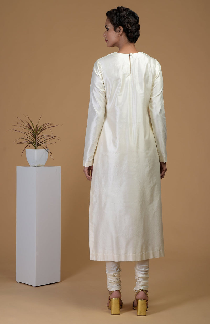 Ivory Pure Matka Silk Jewel Neck Kurta Set