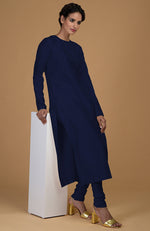 Navy Blue Pure Matka Silk Jewel Neck Kurta Set