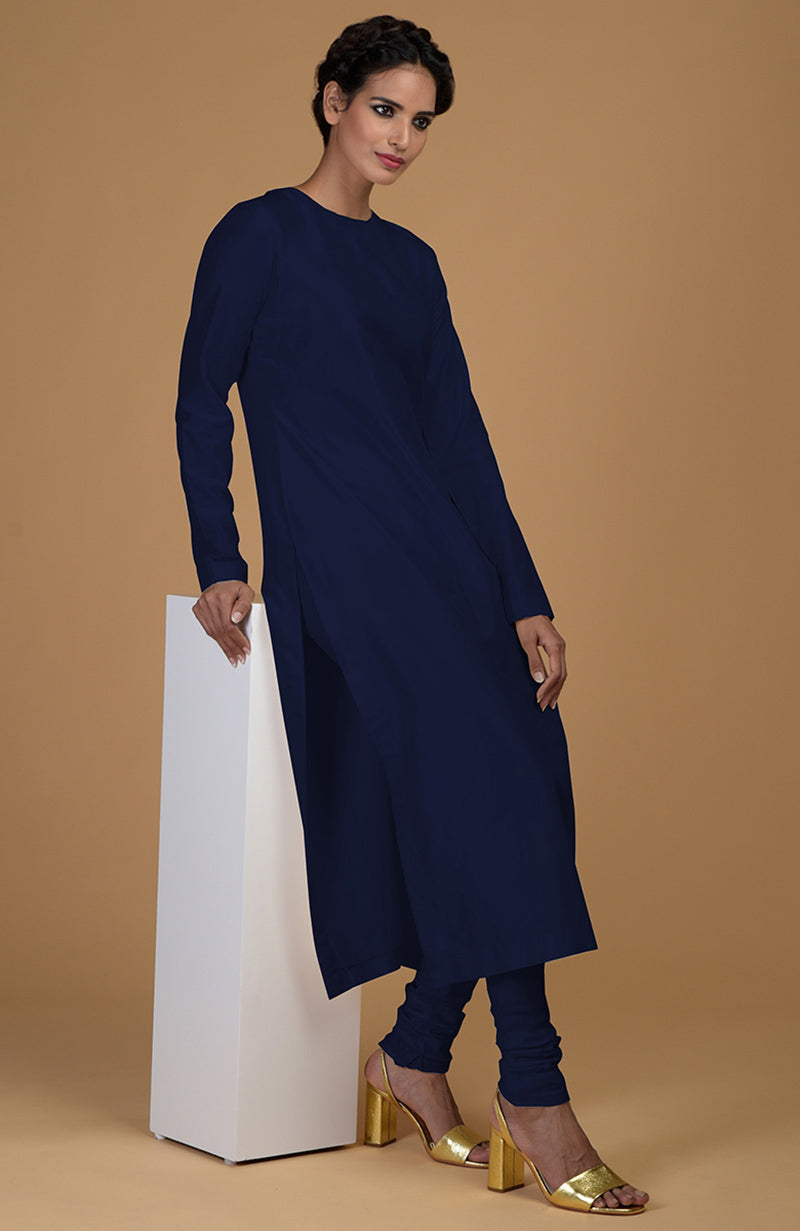 Navy Blue Pure Matka Silk Jewel Neck Kurta Set