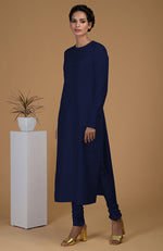 Navy Blue Pure Matka Silk Jewel Neck Kurta Set