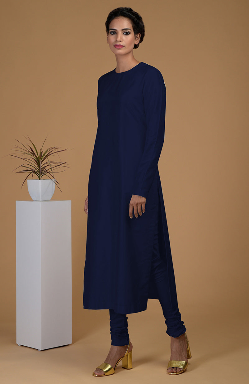 Navy Blue Pure Matka Silk Jewel Neck Kurta Set