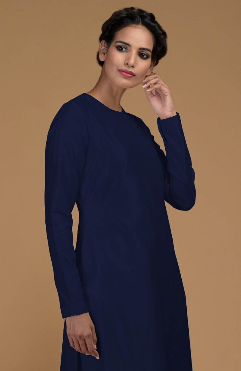 Navy Blue Pure Matka Silk Jewel Neck Kurta Set