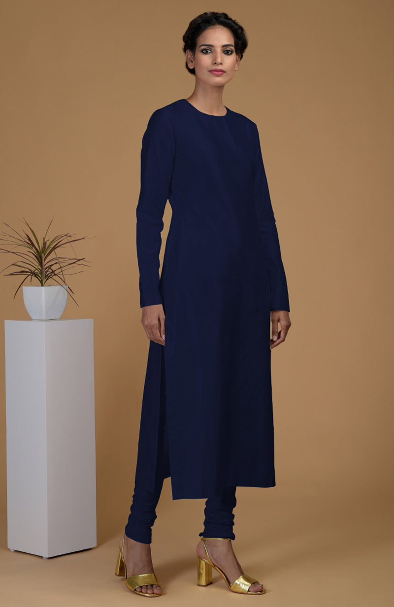 Navy Blue Pure Matka Silk Jewel Neck Kurta Set