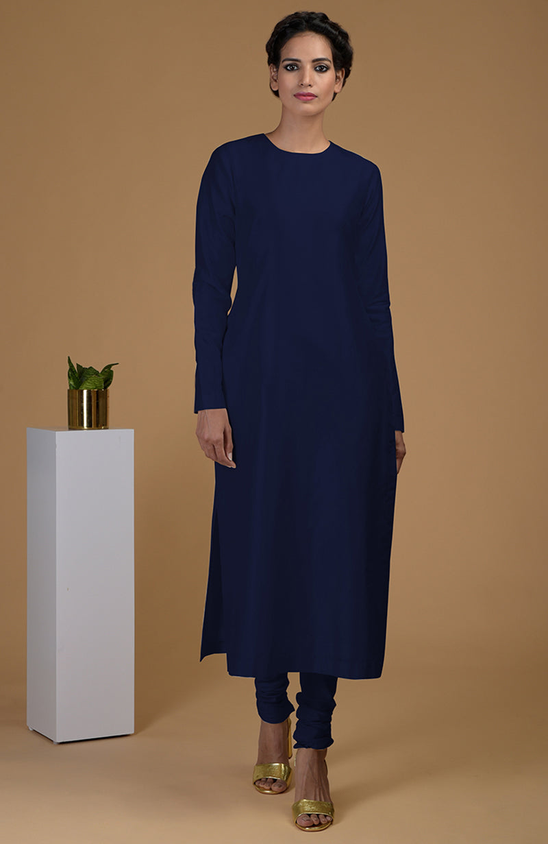 Navy Blue Pure Matka Silk Jewel Neck Kurta Set
