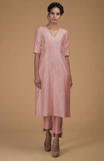 Rose Beige Pure Matka Silk V-Neck Kali Kurta Set