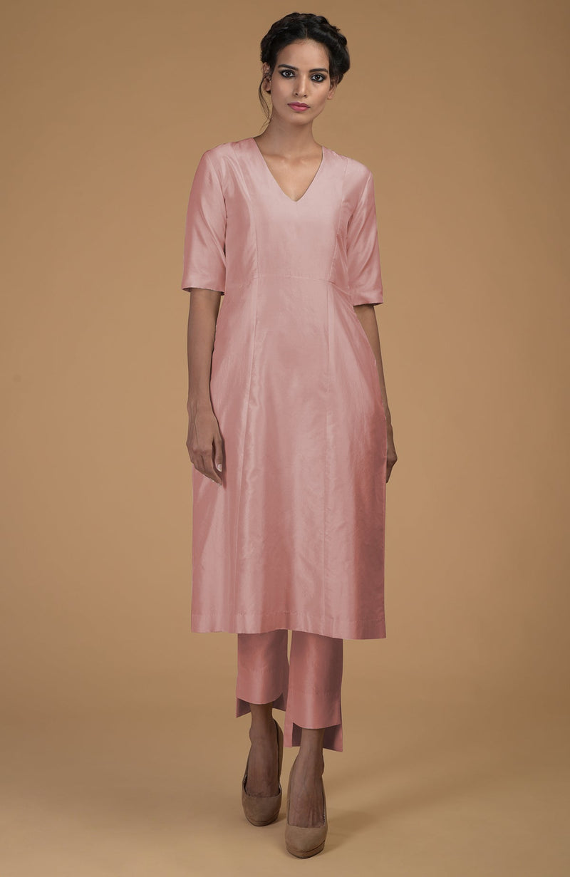 Rose Beige Pure Matka Silk V-Neck Kali Kurta Set