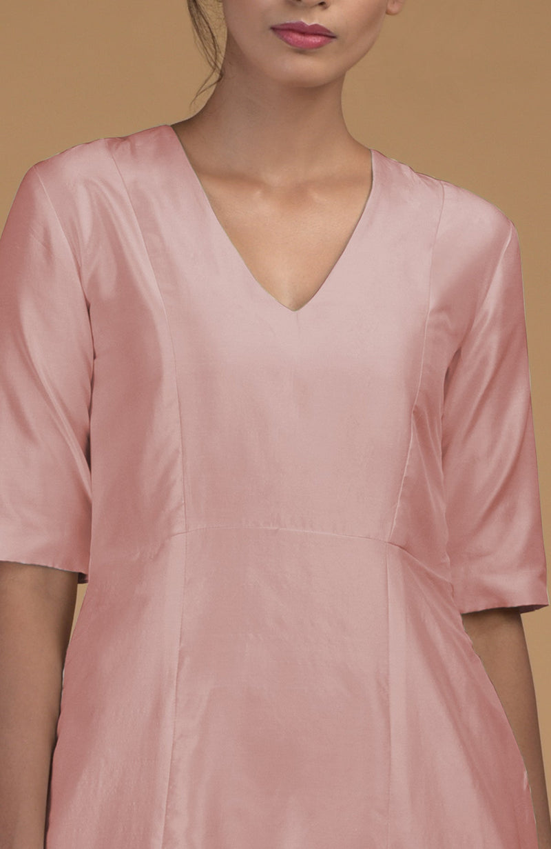 Rose Beige Pure Matka Silk V-Neck Kali Kurta Set