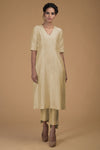 Beige Pure Matka Silk V-Neck Kali Kurta Set