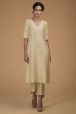 Beige Pure Matka Silk V-Neck Kali Kurta Set