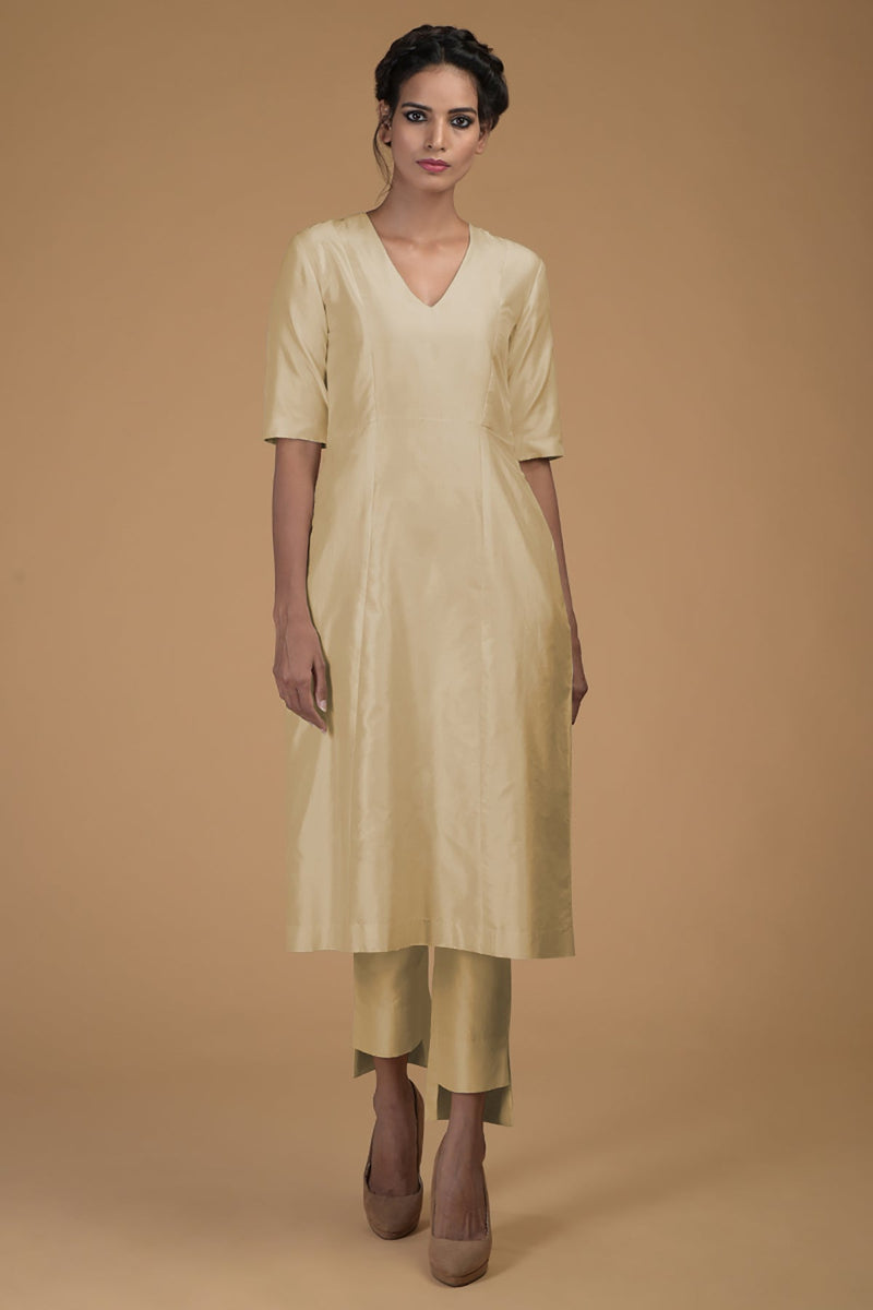 Beige Pure Matka Silk V-Neck Kali Kurta Set