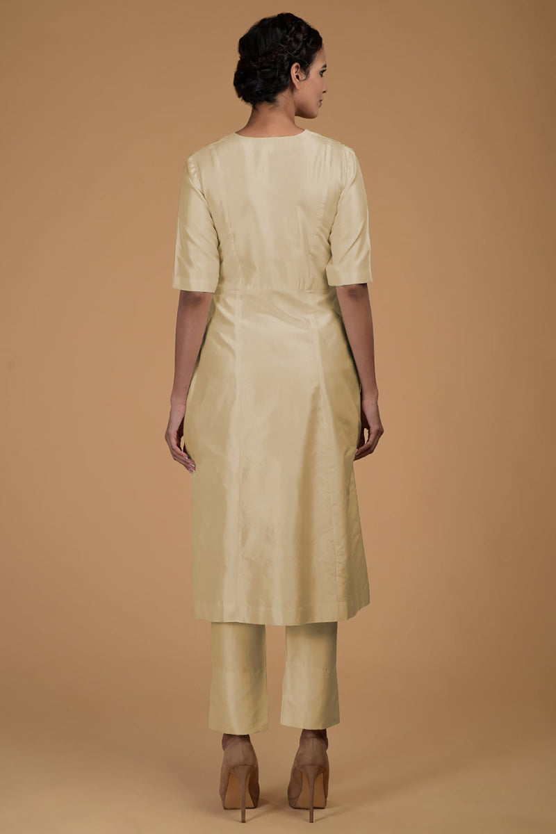 Beige Pure Matka Silk V-Neck Kali Kurta Set