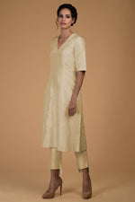 Beige Pure Matka Silk V-Neck Kali Kurta Set