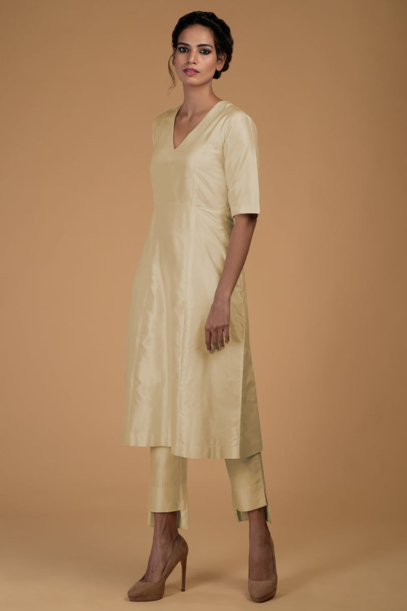 Beige Pure Matka Silk V-Neck Kali Kurta Set