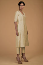 Beige Pure Matka Silk V-Neck Kali Kurta Set