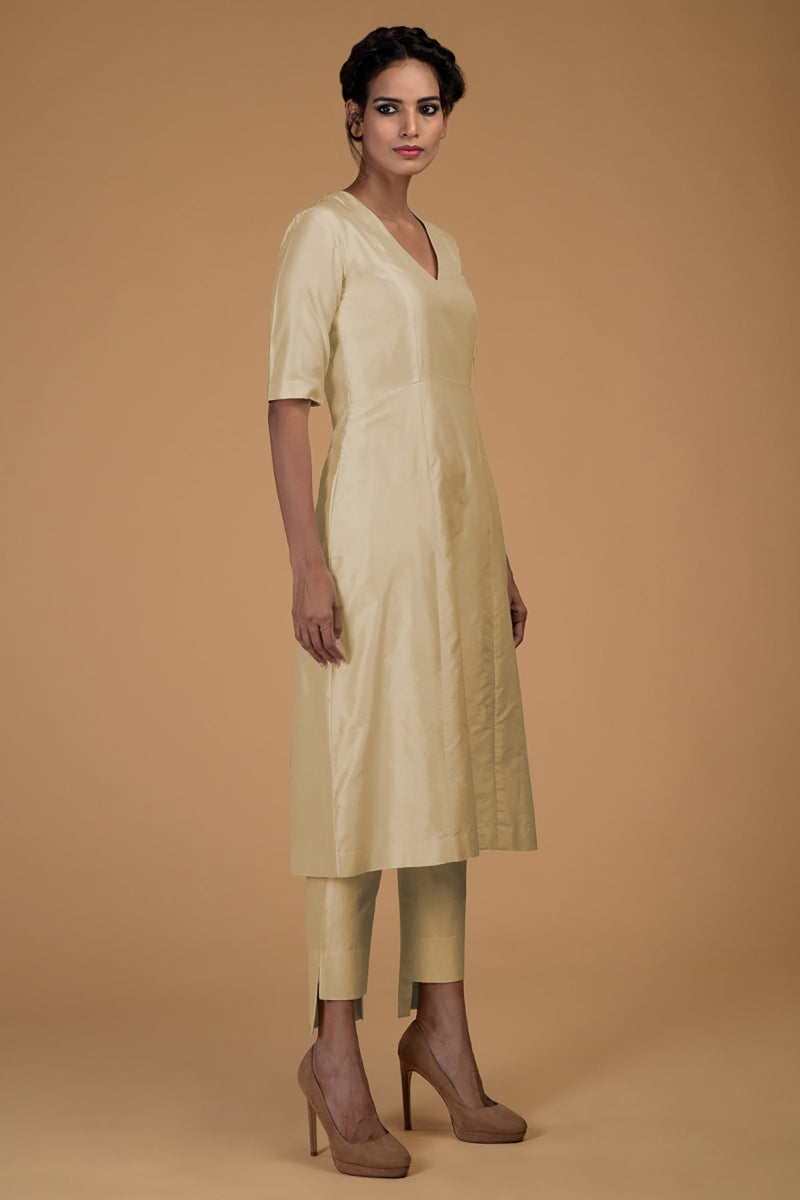 Beige Pure Matka Silk V-Neck Kali Kurta Set