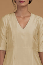 Beige Pure Matka Silk V-Neck Kali Kurta Set