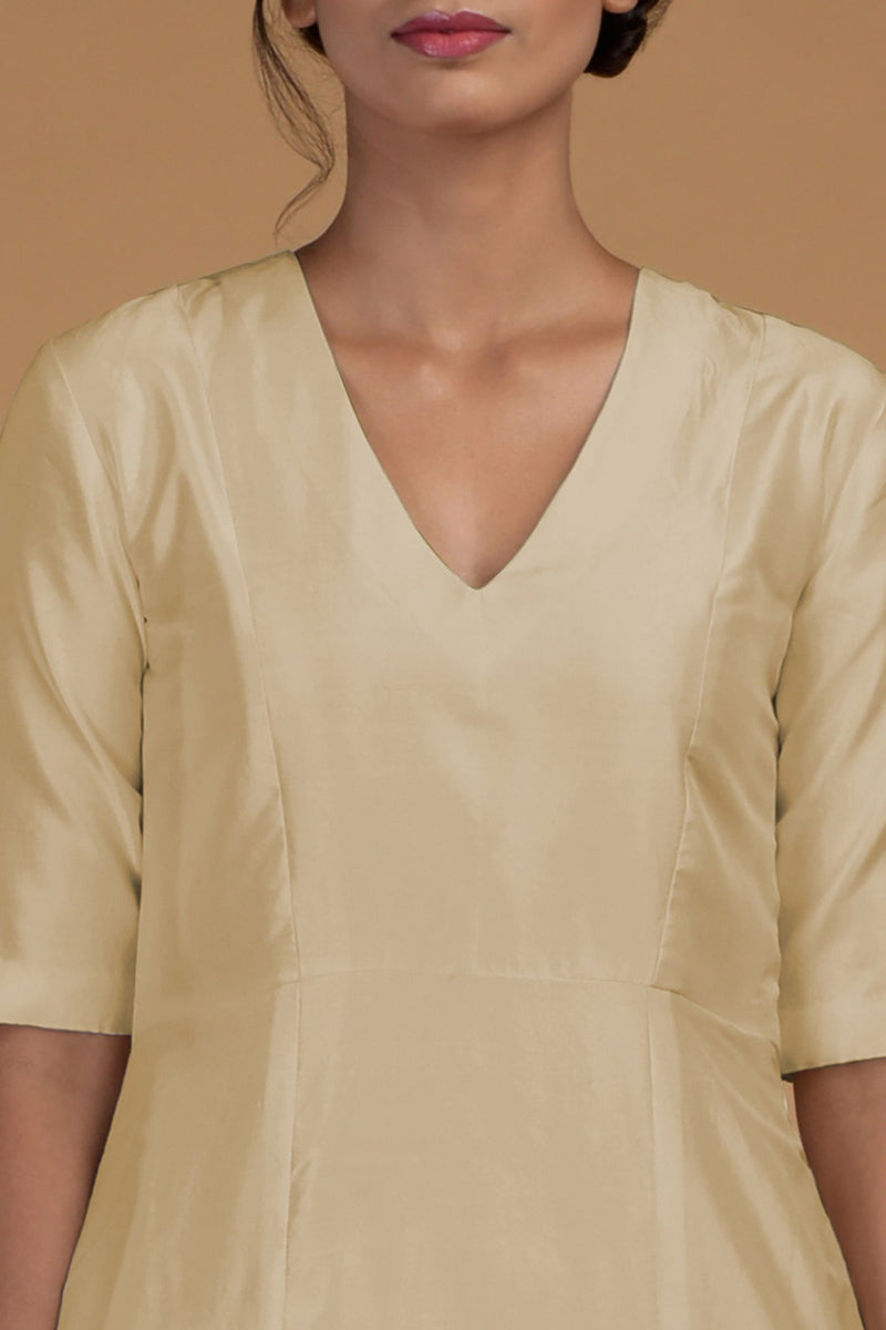 Beige Pure Matka Silk V-Neck Kali Kurta Set