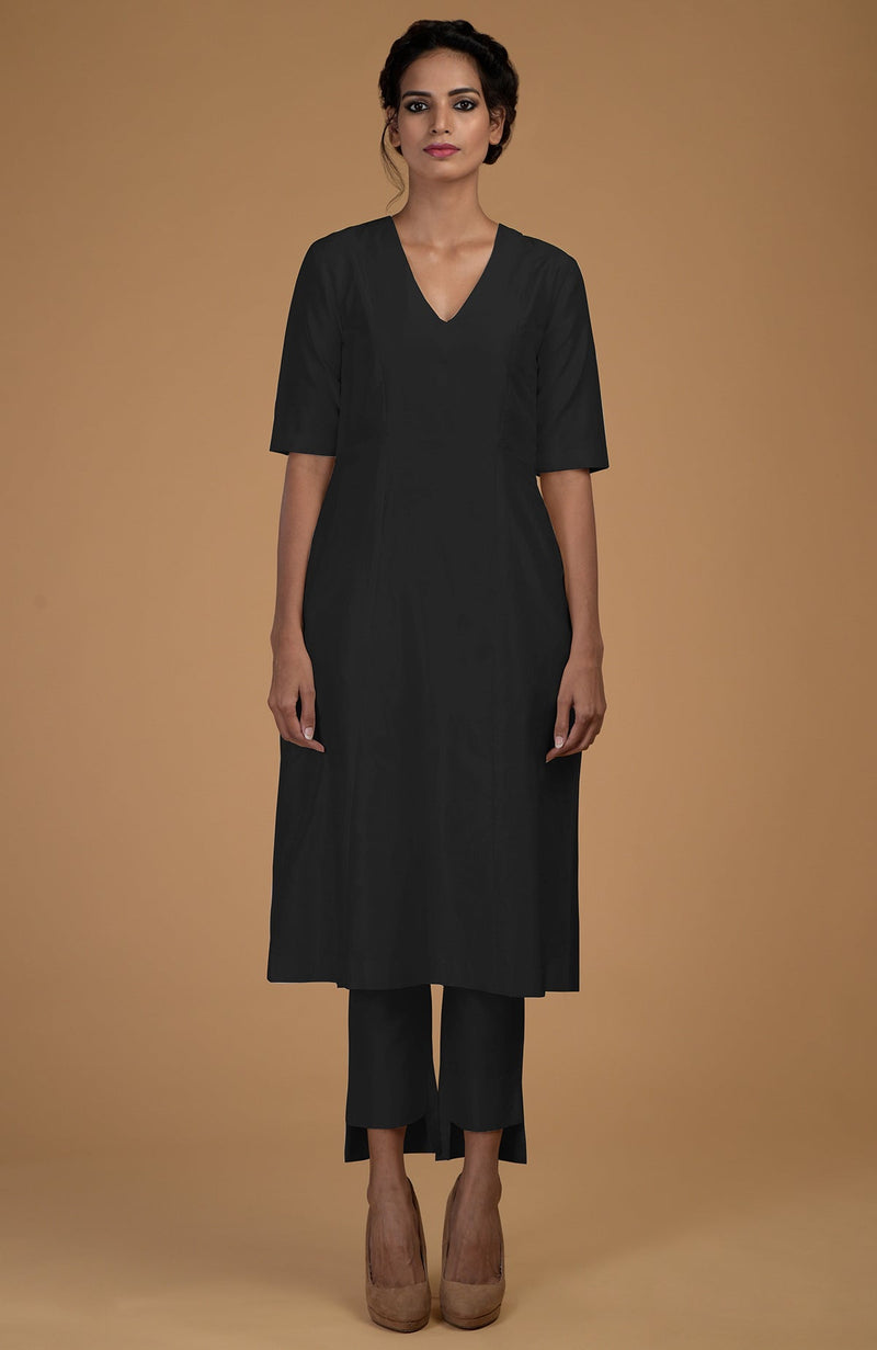 Black Pure Matka Silk V-Neck Kali Kurta Set