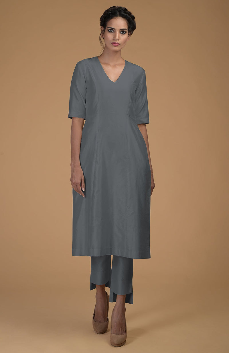 Grey Pure Matka Silk V-Neck Kali Kurta Set