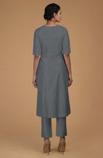 Grey Pure Matka Silk V-Neck Kali Kurta Set