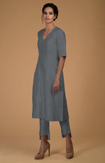 Grey Pure Matka Silk V-Neck Kali Kurta Set