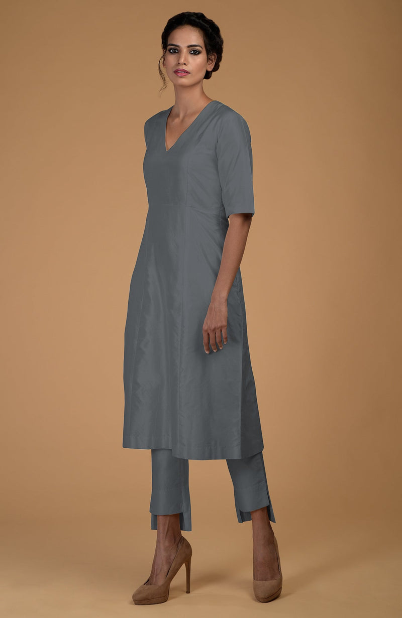 Grey Pure Matka Silk V-Neck Kali Kurta Set
