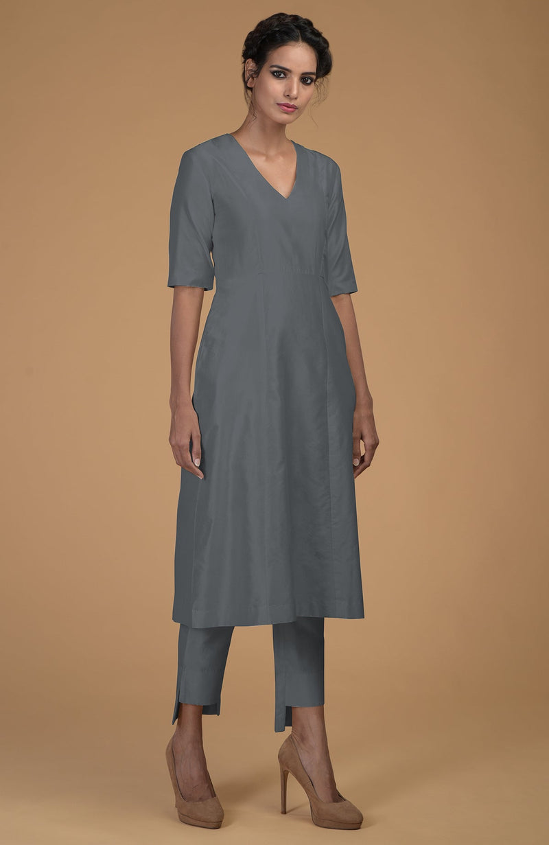 Grey Pure Matka Silk V-Neck Kali Kurta Set