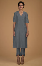 Grey Pure Matka Silk V-Neck Kali Kurta Set