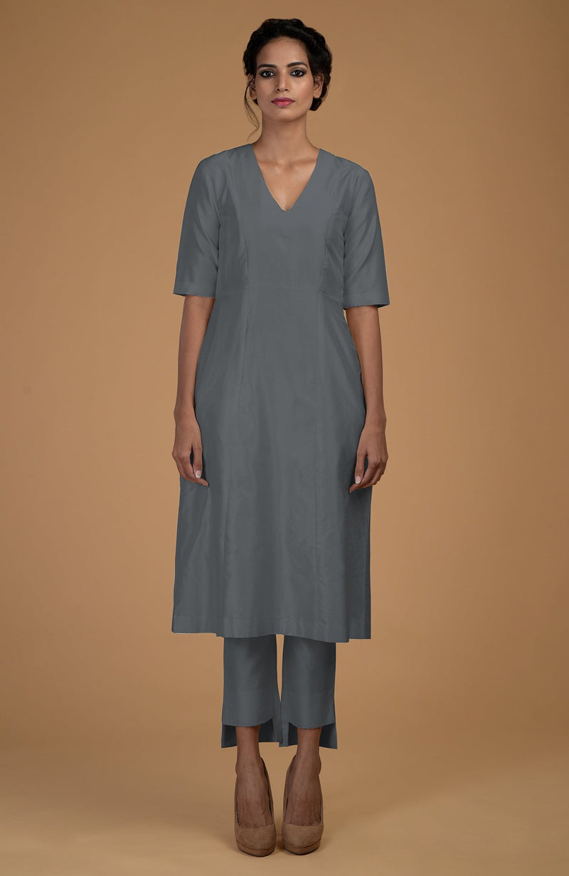Grey Pure Matka Silk V-Neck Kali Kurta Set