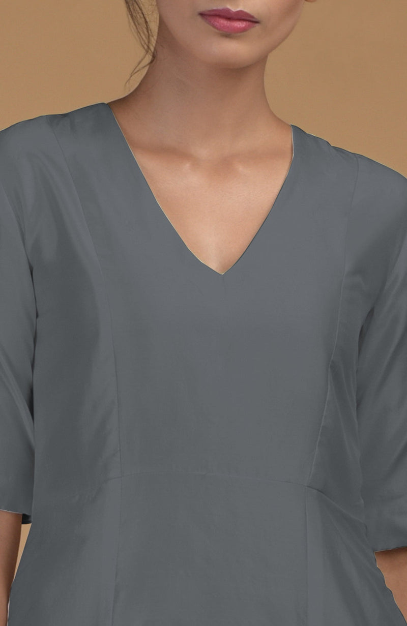 Grey Pure Matka Silk V-Neck Kali Kurta Set