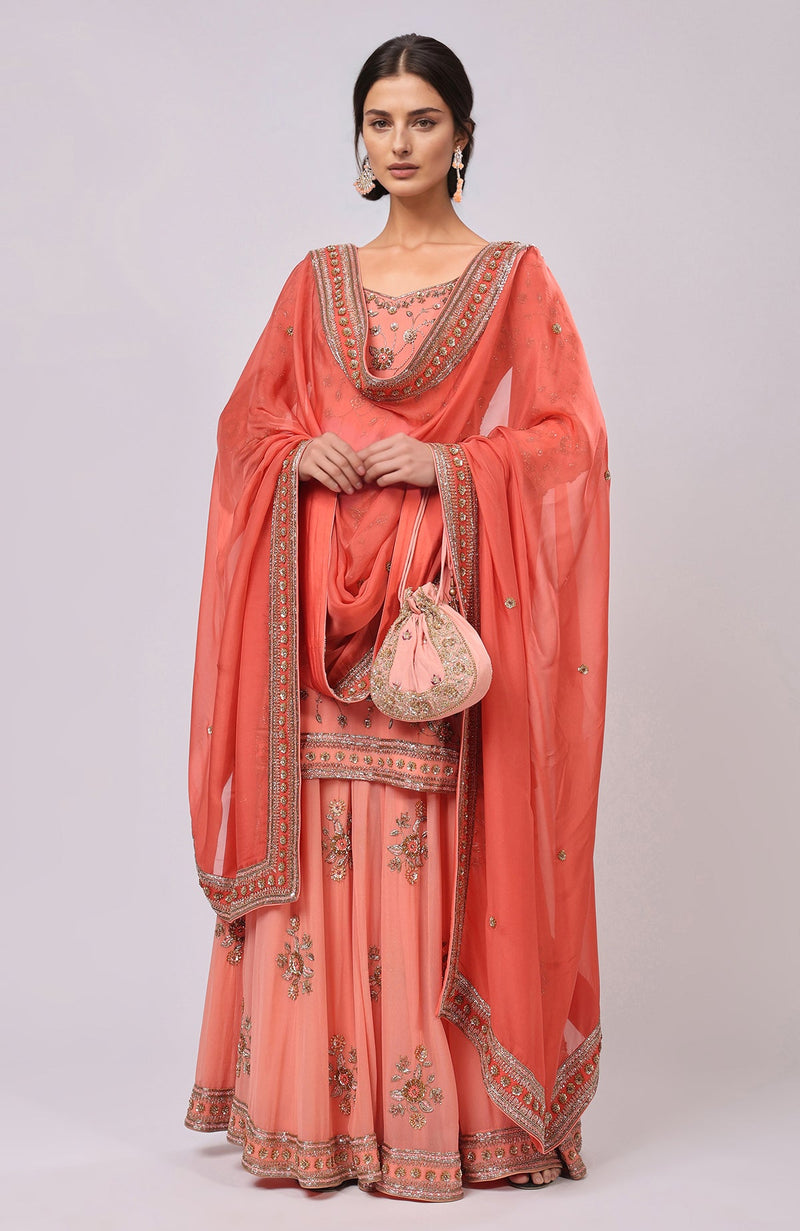 Salmon Dabka and Zardozi Hand-Embroidered Sharara Set