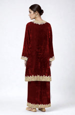 Maroon Kashmiri Tilla Dozi Embroidered Pheran Kurta Set