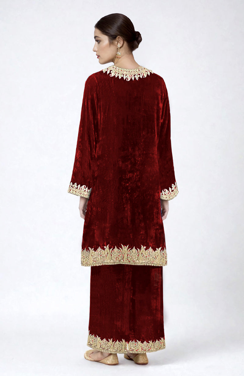 Maroon Kashmiri Tilla Dozi Embroidered Pheran Kurta Set