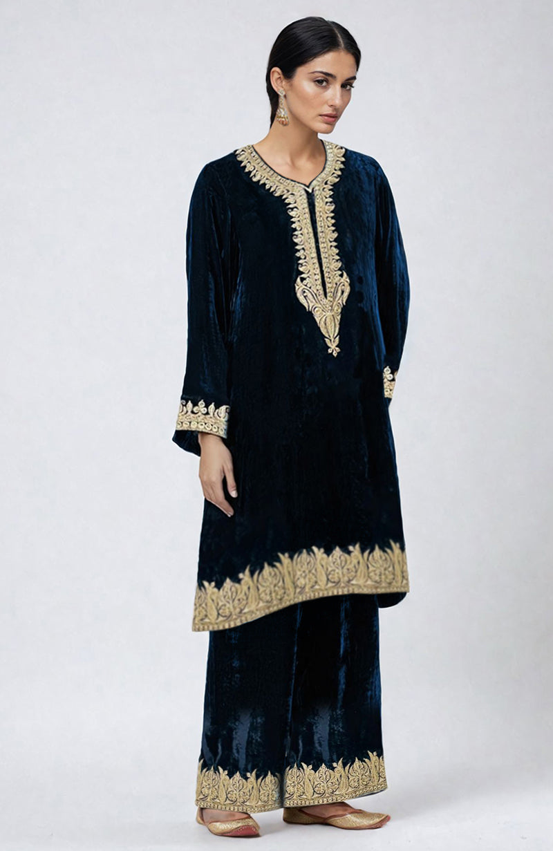 Midnight Blue Kashmiri Tilla Dozi Embroidered Choga Kurta Set