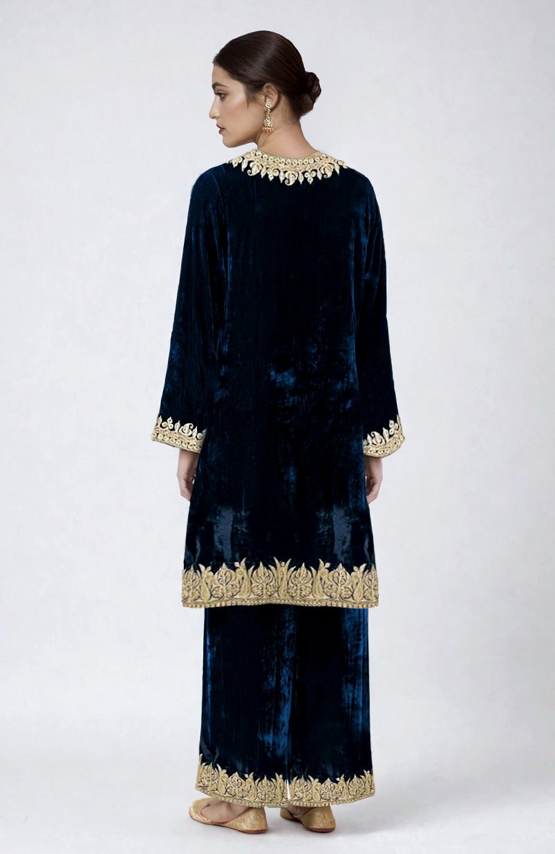 Midnight Blue Kashmiri Tilla Dozi Embroidered Choga Kurta Set