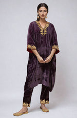 Mulled Grape Kashmiri Tilla Aari Embroidered Velvet Kurta Set