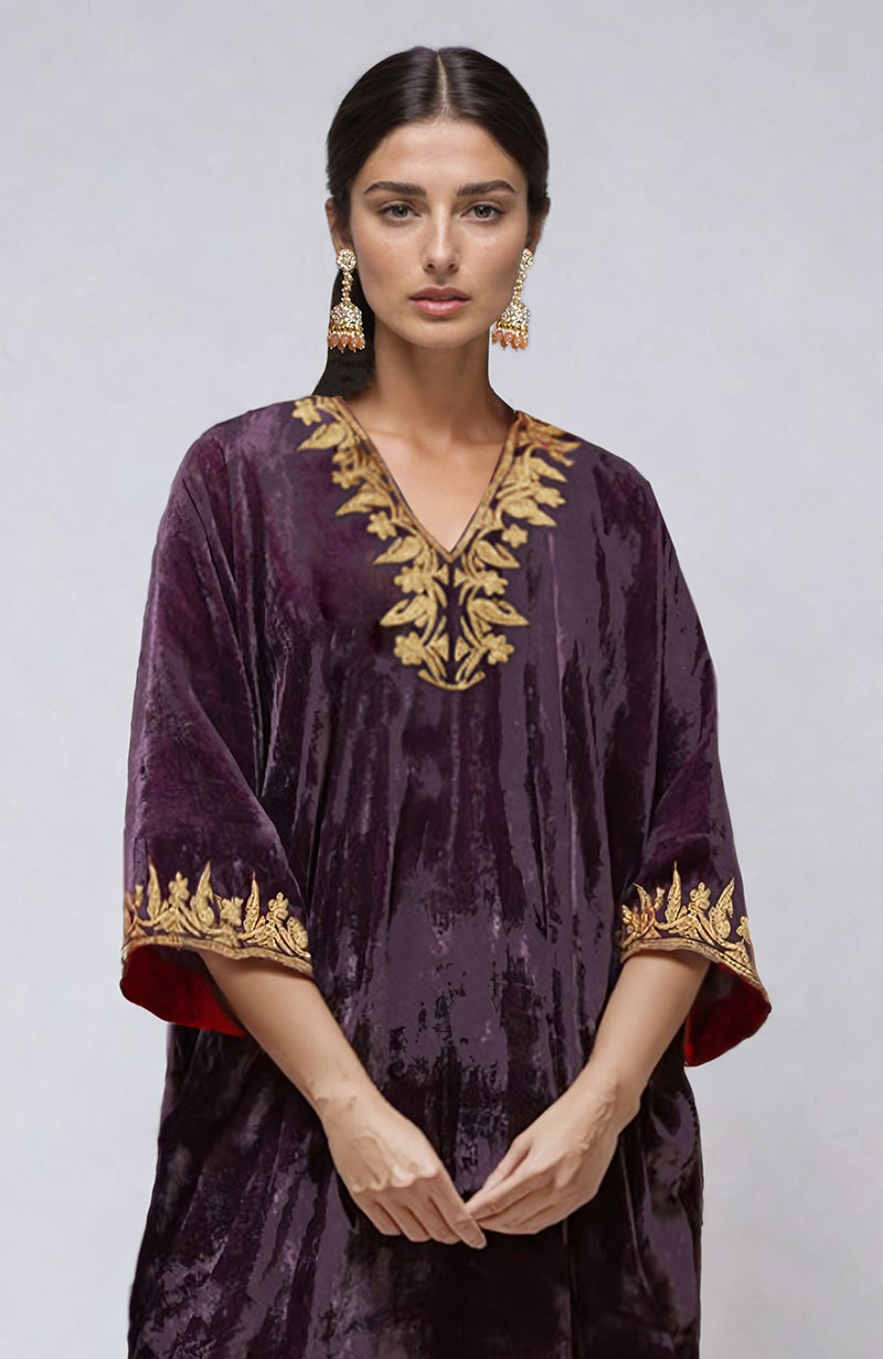 Mulled Grape Kashmiri Tilla Aari Embroidered Velvet Kurta Set