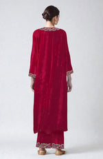 Ruby Red Resham Zari & Zardozi Hand Embroidered Velvet Kurta Set