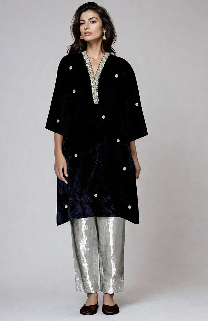 Midnight Blue Silver Kashmiri Tilla Embroidered Velvet Kurta Set