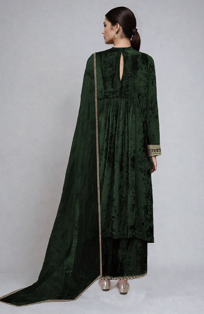 Bottle Green Zardozi Hand Embroidered Velvet Kurta  Set