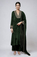 Bottle Green Zardozi Hand Embroidered Velvet Kurta  Set