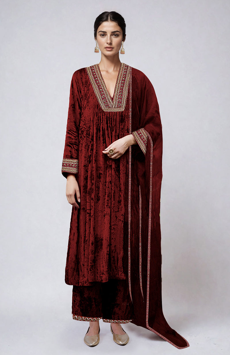 Maroon Gold Zardozi Hand Embroidered Velvet Kurta  Set