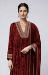 Maroon Gold Zardozi Hand Embroidered Velvet Kurta  Set