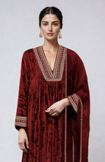 Maroon Gold Zardozi Hand Embroidered Velvet Kurta  Set
