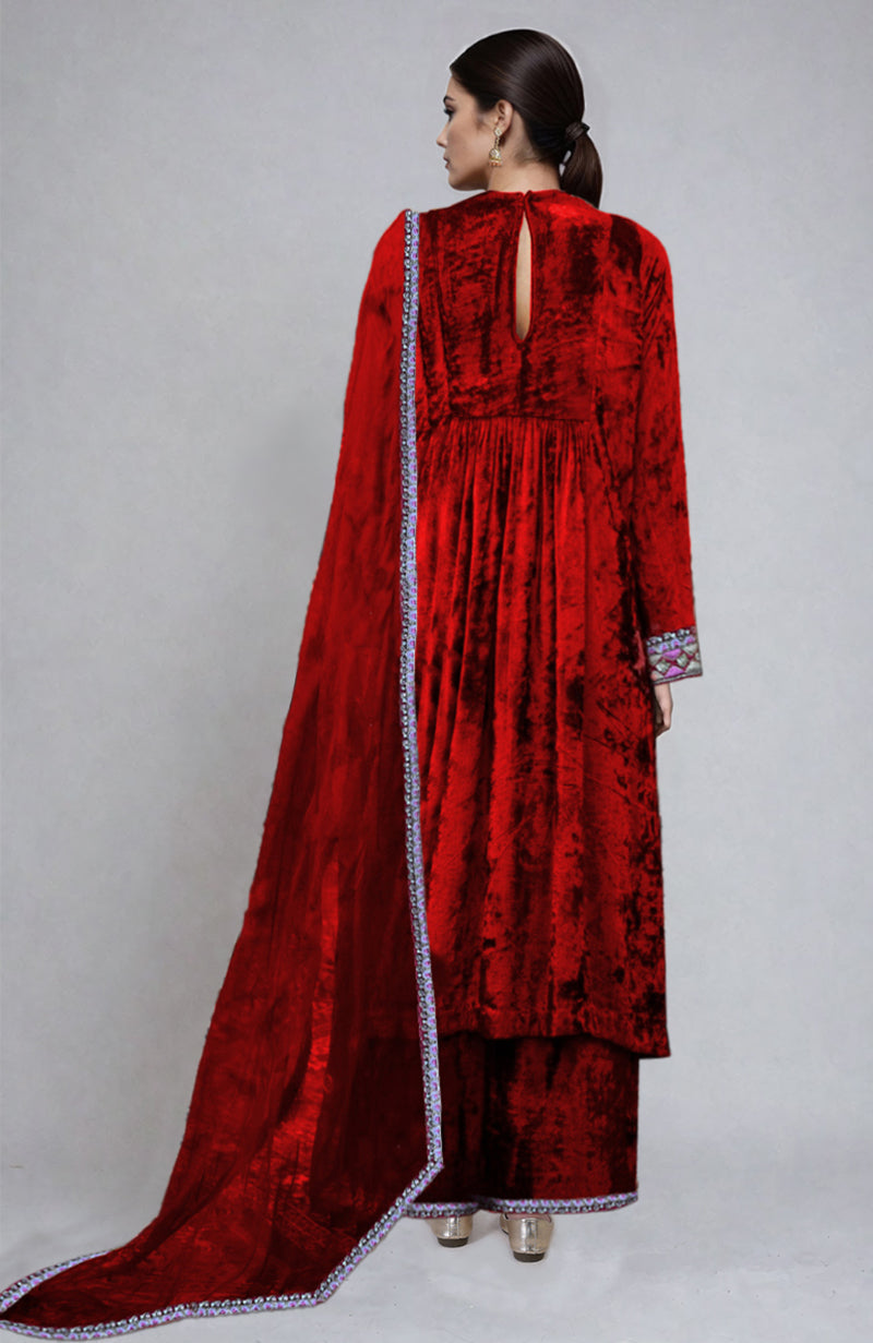 Red  Resham & Zardozi Hand Embroidered Velvet Kurta  Set