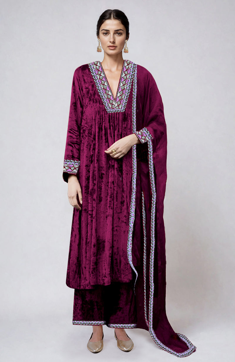 Red  Resham & Zardozi Hand Embroidered Velvet Kurta  Set