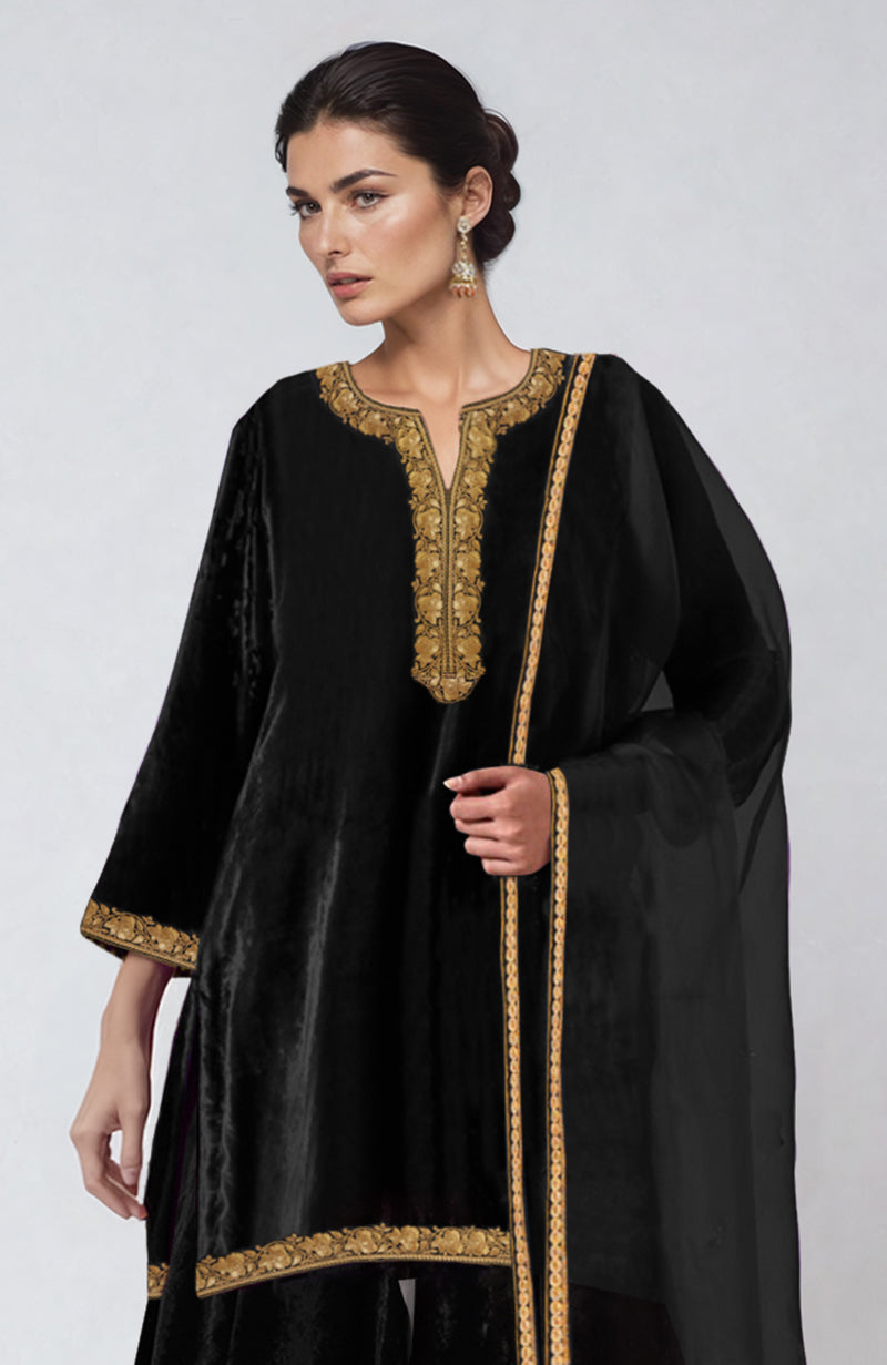 Black Kashmiri Tilla Dozi Embroidered Sharara Set