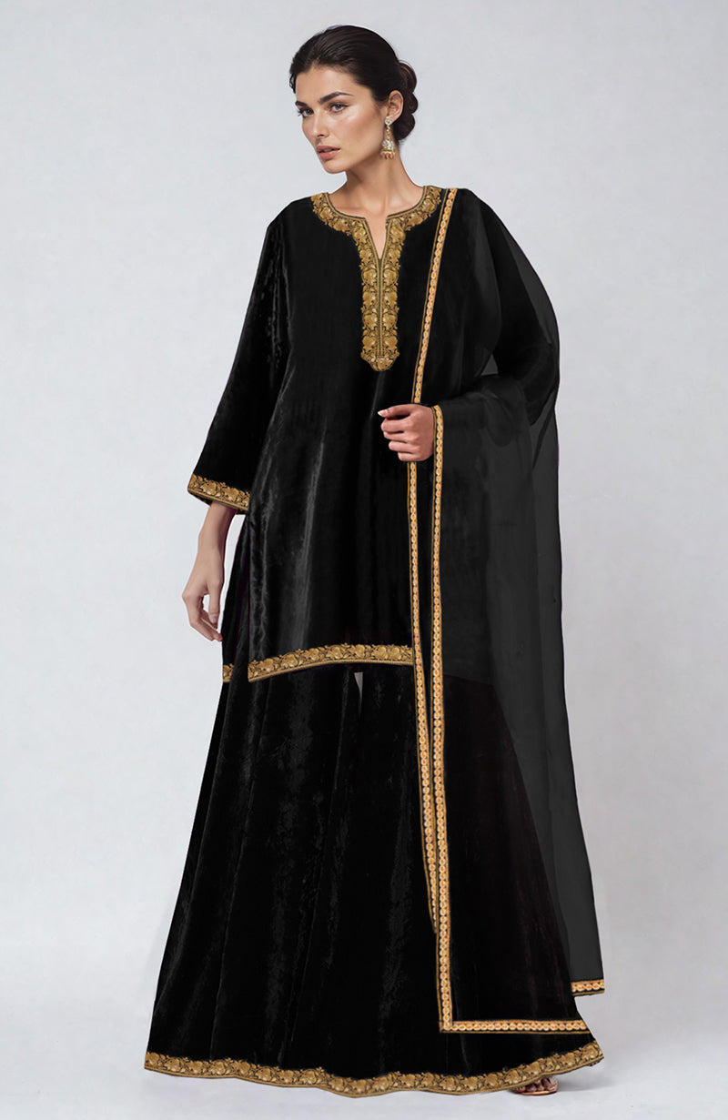 Black Kashmiri Tilla Dozi Embroidered Sharara Set